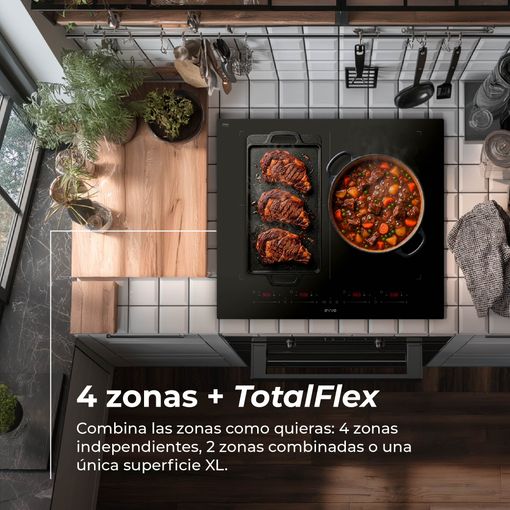 Placa Inducción Evvo V68 Totalflex 3 Zonas, Flexzone, Booster, Control Táctil Slider, Temporizador Y Bloqueo